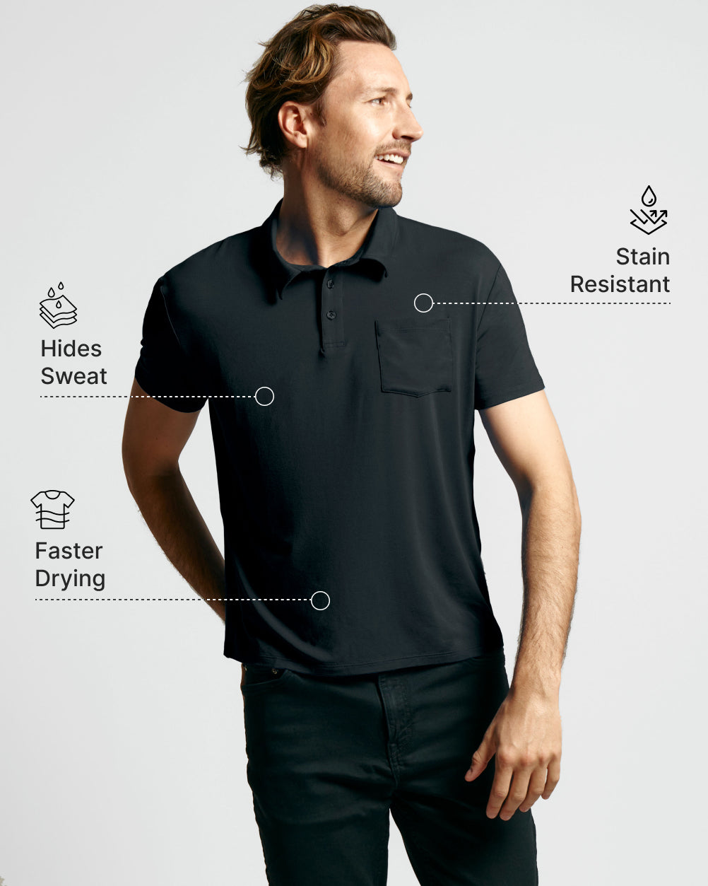 Model wearing Neat NoShow Polo Black Graphics