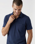 Front view of men’s midnight blue no-show polo showcasing short sleeves, collar, and chest pocket on white background