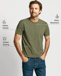 Model wearing Neat_Sweat-Proof_Crew Neck Green with FeatureGraphics