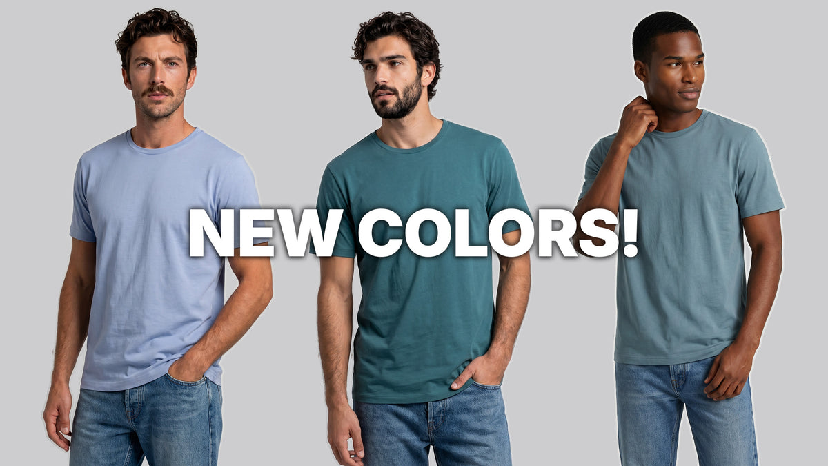 Three men model Sweat Defender Crew shirts in Glacier, Lagoon, and Stillwater with the headline New Colors