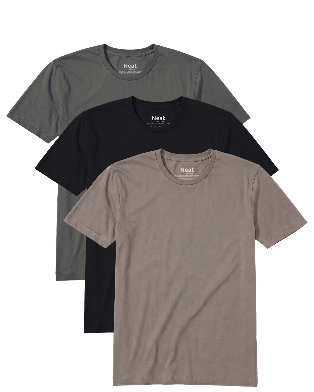 The Fall Survival Pack: three Neat crew neck shirts fanned on a transparent background, Stone Grey, Black and Mocha