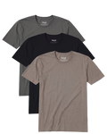 The Fall Survival Pack: three Neat crew neck shirts fanned on a transparent background, Stone Grey, Black and Mocha