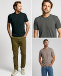 Three models wearing the Fall Survival Pack crews: Black full length on the left, Stone Grey close-up top right, Mocha bottom right