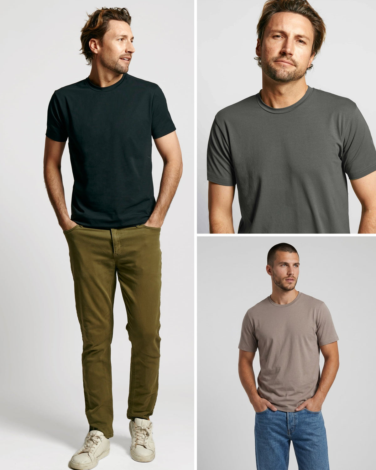 Three models wearing the Fall Survival Pack crews: Black full length on the left, Stone Grey close-up top right, Mocha bottom right