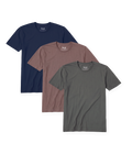 The Navy and Clay Pack: three Neat crew neck shirts fanned on a transparent background, Deja Blue, Dusty Clay and Stone Grey