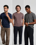 Three models side by side wearing the Navy and Clay Pack crews: Deja Blue, Dusty Clay and Stone Grey