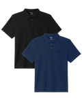 Front view of The Polo Power Pack showcasing black and navy short-sleeve polos with chest pockets on a transparent background