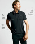 Front view of The Polo Power Pack black polo on a model showing Hides Sweat, Stain Resistant, and Faster Drying