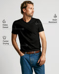 Black Crew and V-Neck Bundle modeled by a man, showing the V-neck shirt with sweat hiding, stain resistance, and faster drying