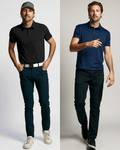 Full-length view of The Polo Power Pack showcasing black and navy polo shirts on models with a studio background