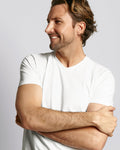Front view of Black + White V-Neck Bundle showcasing the white shirt on a model against a gray background