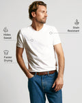 White Sweat Defender V-Neck undershirt on a male model with callouts for hiding sweat, stain resistance, and faster drying