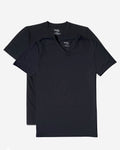 Front view of black crew and V-neck T-shirt bundle showcasing both necklines with a light gray background