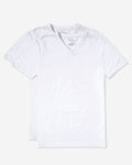 Front view of white V-neck undershirt 2-pack showcasing short sleeves on a light gray background