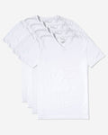 Front view of the Sweat Defender V-Neck Undershirt 4-Pack showcasing four white undershirts on a light gray background