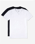 Front view of black and white V-neck shirt bundle showcasing short sleeves with a light gray background
