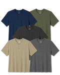 Front view of Henley Work Week Pack showcasing five short sleeve henley shirts in assorted colors on a transparent background