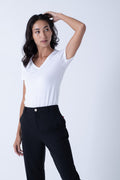 Model wearing Women's Sweat Defender v-neck undershirt