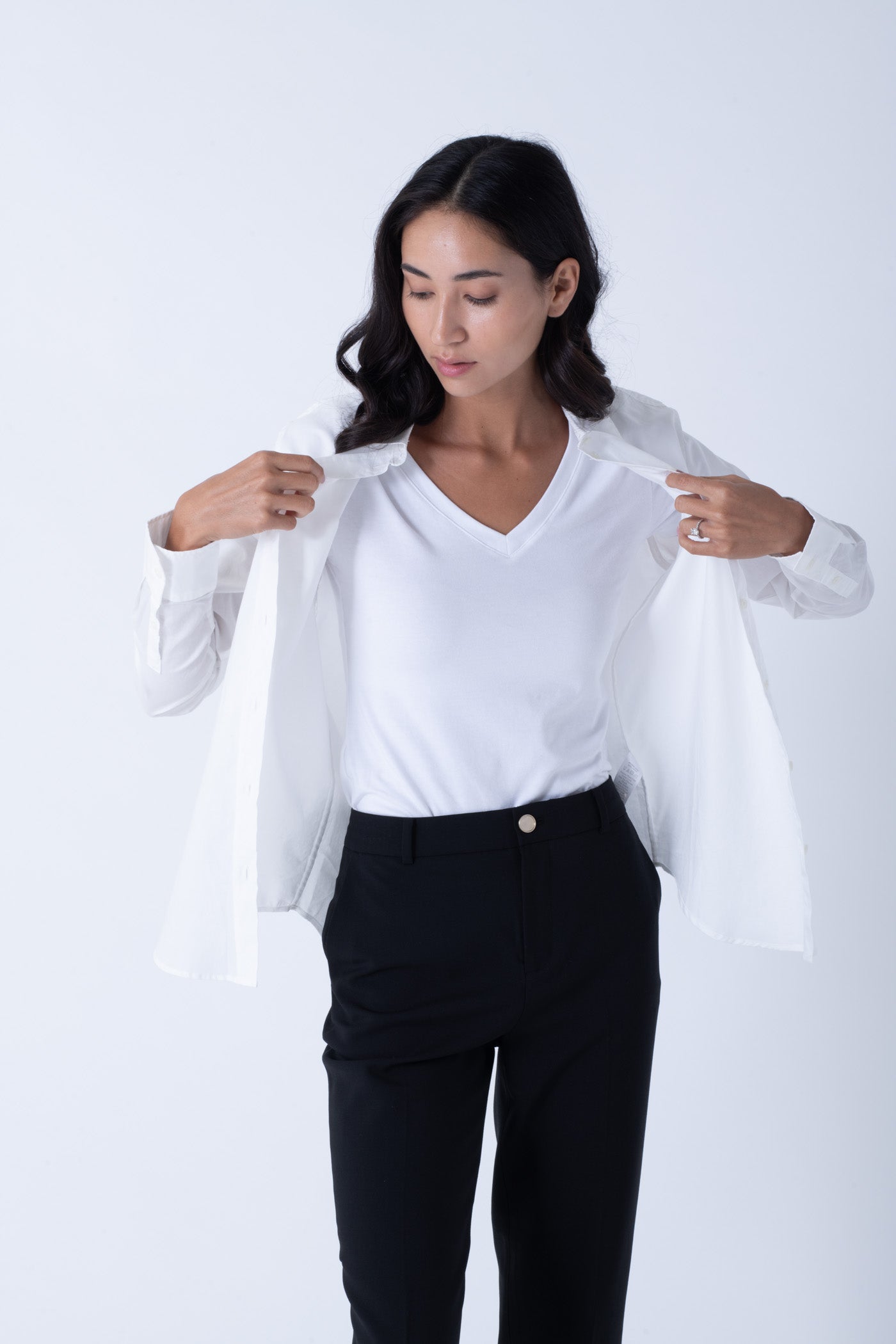 Model wearing Women's Sweat Defender v-neck undershirt