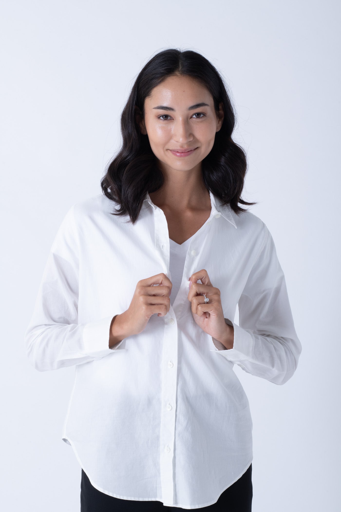 Model wearing Women's Sweat Defender v-neck undershirt