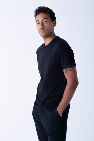 model with black sweat-proof t-shirt